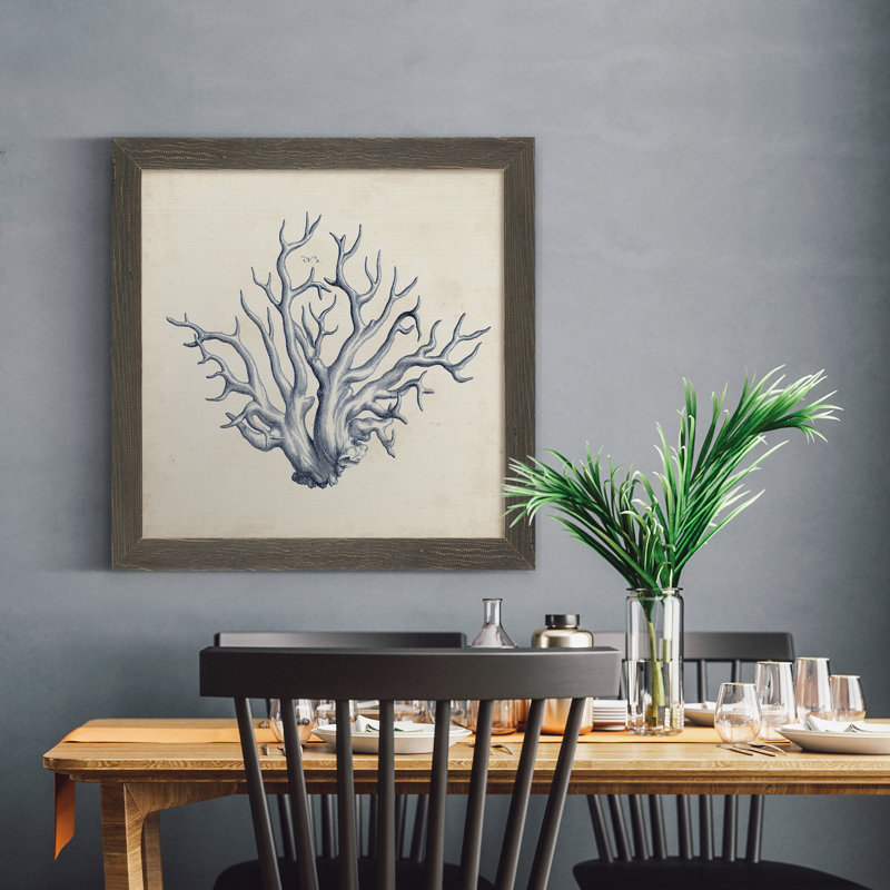 Corail trio dans indigo II-reproduction d’art sur toile encadrée, H 27,5 po x l 27,5 po x P 1,5 po, Cadre gris