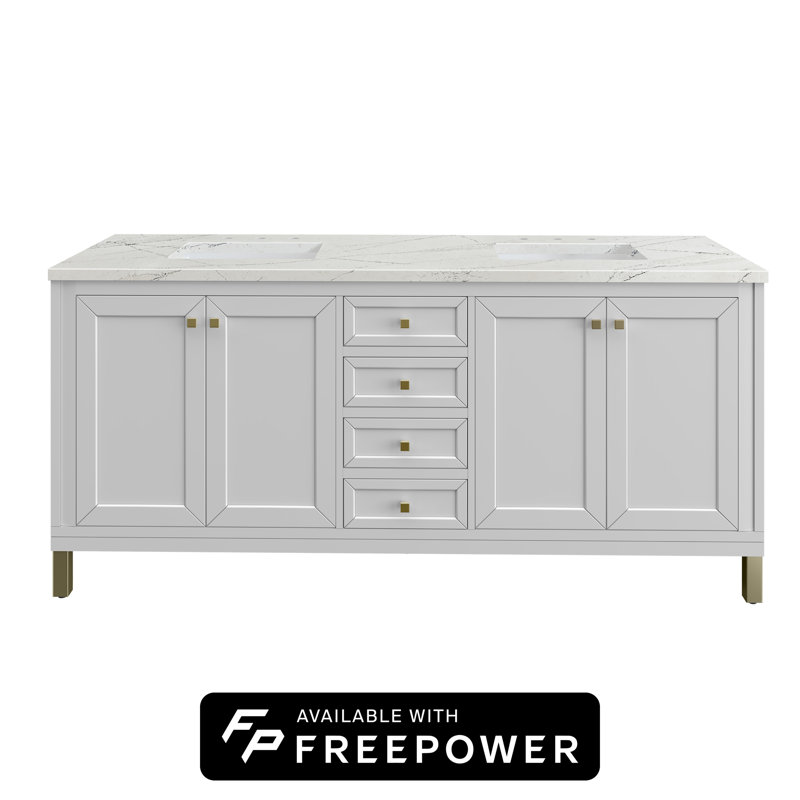 Chicago 72"W Double Vanity W/ Freepower Wireless Charger, Glossy White, Ethereal Noctis