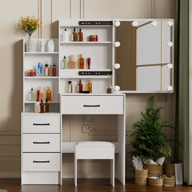 Rickisha Makeup Vanity Set with LED Lighted Mirror and Storage Drawers for Bedroom