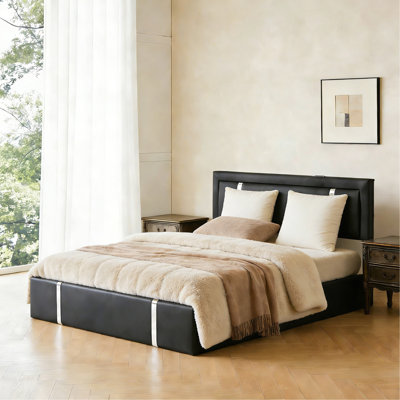 Base de lit en métal pleine grandeur avec plateau de rangement relevable avec tête de lit à DEL réglable, ports de charge USB-C, support hydraulique, revêtement en similicuir, support à lattes, noir