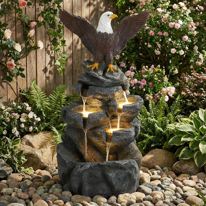 36.98" H Bald Eagle Waterfall Fountain 5-Tier Rock Cascade Resin Garden Water Feature With Led Lights, Outdoor Patio Water Fountain For Yard Porch Lawn And Home Art Decor