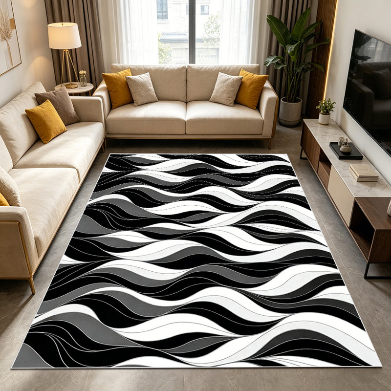 1PC black white gray wavy stripe area rugs for Living Room, Soft, All seasons, Easy-maintain, Washable Indoor mat, Farmhouse suitable for dining room, bedroom, entryway, kitchen, patio, Home Decor, Outdoor Decor.
