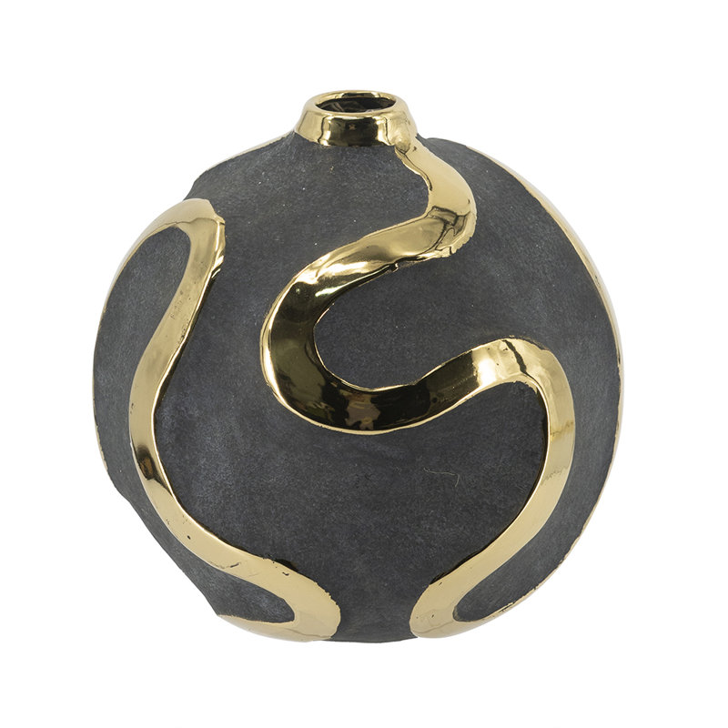 D8X8" Round Black Ceramic Vase With Abstract Gold Swirl Accents