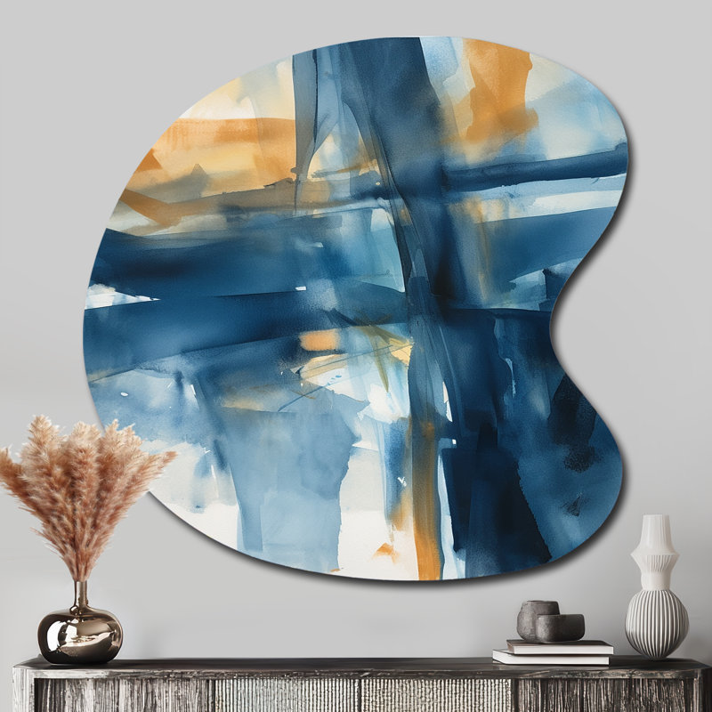 «Blue and Gold Fusion», art irrégulier, impression sur métal asymétrique bleue, H 33 po x l 33 po