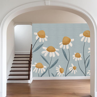 Papier peint floral mural à motif de marguerites bleues | Motif floral champêtre | Intissé ou autocollant