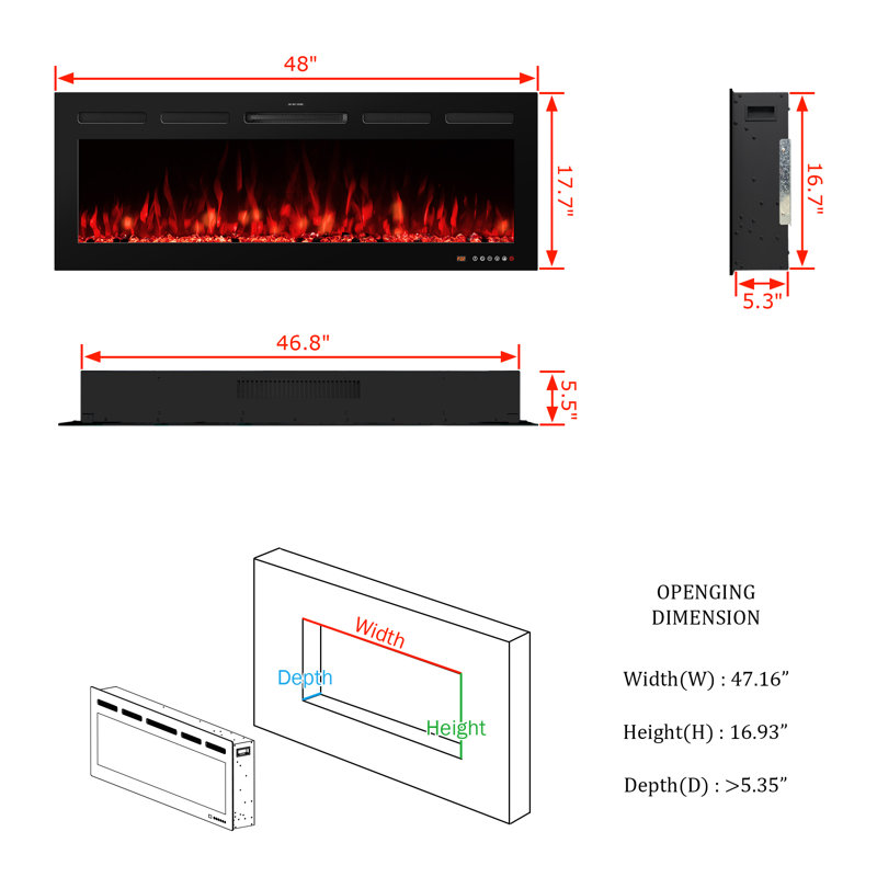 Abria Smart Electric Fireplace Inserts, 17.7" H x 45" W x 5.5" D