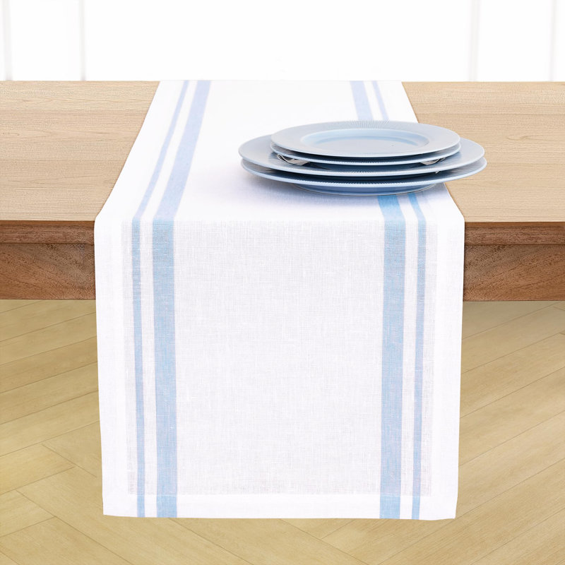French Stripe - 100% Pure Linen Table Runner, 90" x 14", Dusty Blue/White