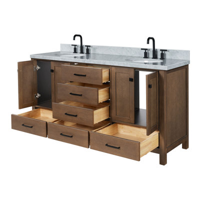 Meuble-lavabo double autoportant 67 po avec plateau en marbre Amariani