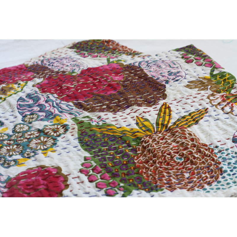 Jeté en coton fait à la main Kantha, Blanc, 90"