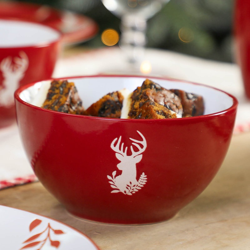 Set Of 4 Red Stag Stoneware Christmas Bowls, Red