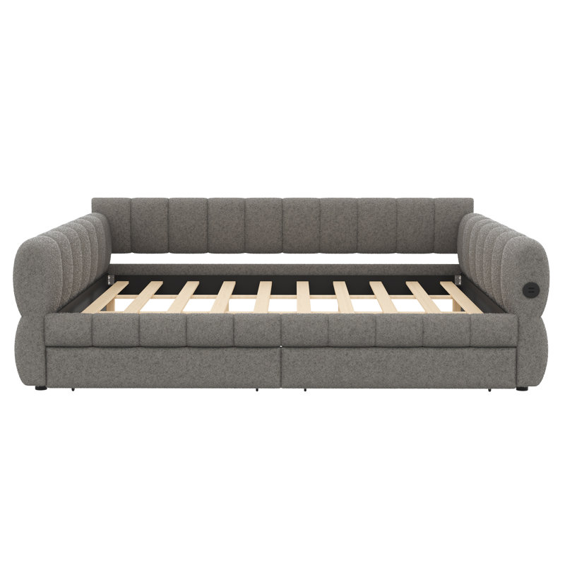 King Size Upholstered Platform Bed with Storage Drawers and USB Charging, Gray