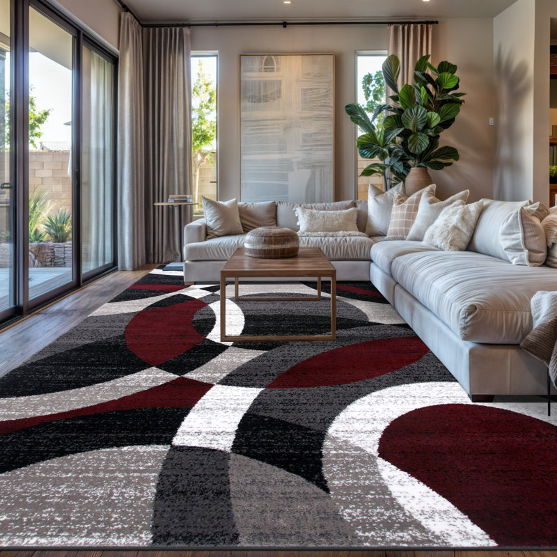 Tapis bourgogne / blanc / noir à motif abstrait tissé Archeveque - Tapis en polypropylène géométrique moderne pour le salon, la chambre à coucher ou le couloir