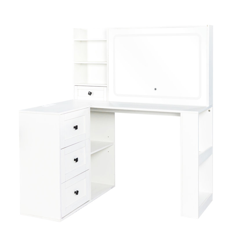 Coiffeuse blanche avec multiprise, 3 grands tiroirs et miroir large