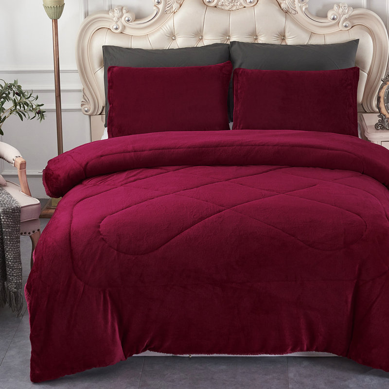 JML BorregoSolid1024 Microfiber Reversible 3 Piece Comforter Set, Sherpa Flannel Fleece Bed Blanket, King/Queen , Burgundy