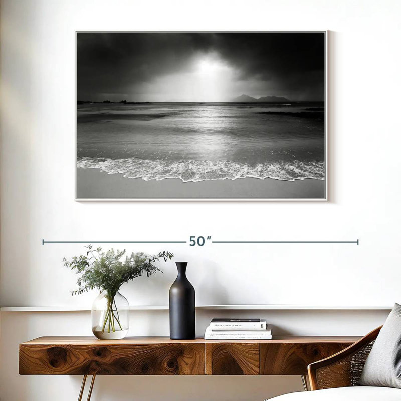 Plage noire et blanche, Cadre flottant blanc, 40 po x 27 po