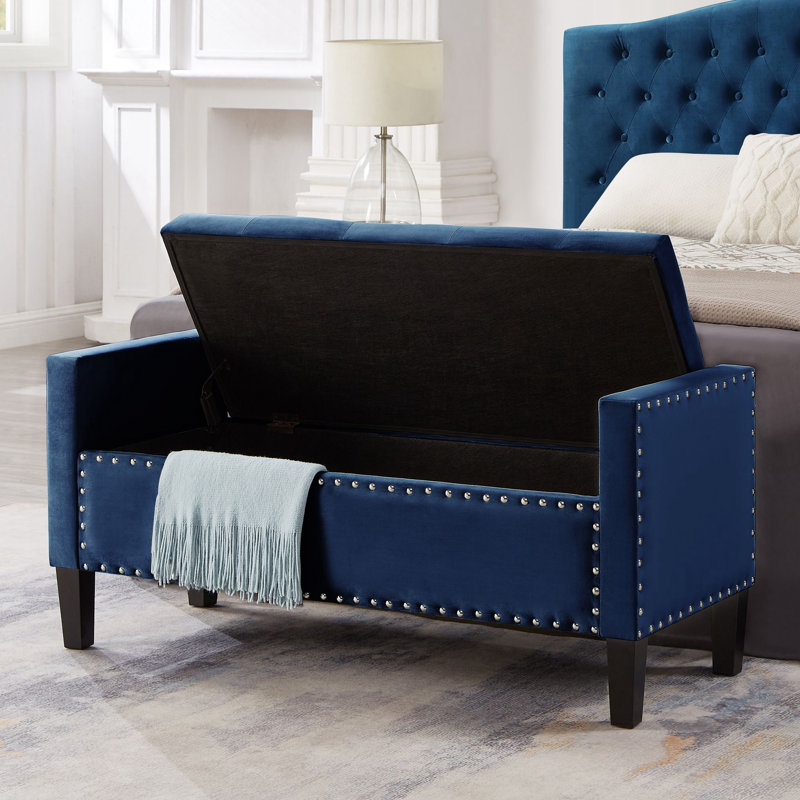Hasaun Velvet Upholstered Storage Bench, Navy