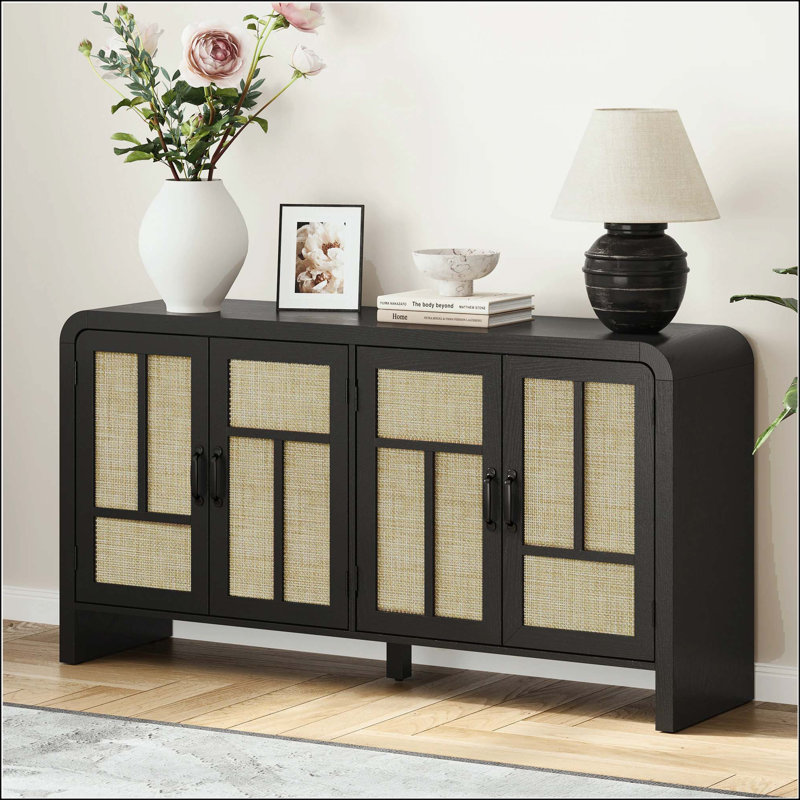 Armoire de rangement en rotin avec 4 portes et tablettes réglables