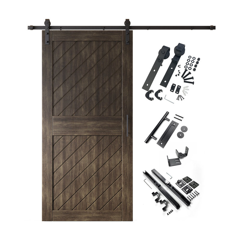 Homacer ebony unassembled & finished slanted stripe design barn door with non-bypass installation hardware kit, interior use only