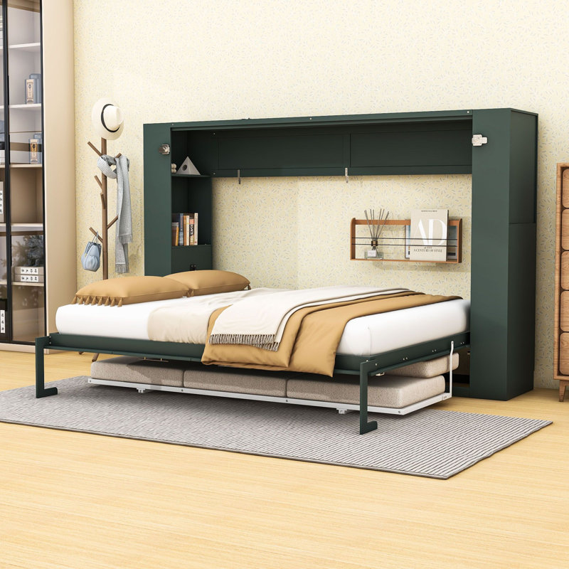 Lit escamotable double avec canapé, quatre tablettes de rangement et station de charge, Green Beige
