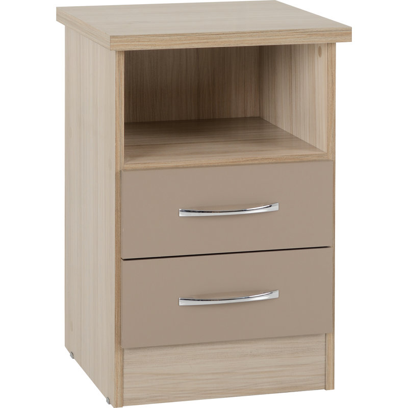 Cascio 2 Drawer Bedside Table, Oyster Gloss/Light Oak Effect Veneer