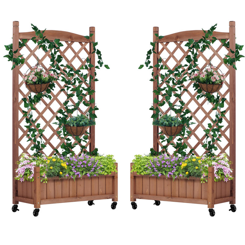 2-Pack Raised Garden Beds With Trellis - Wooden Planter Box On Wheels, 25"W X 11"D X 42"H