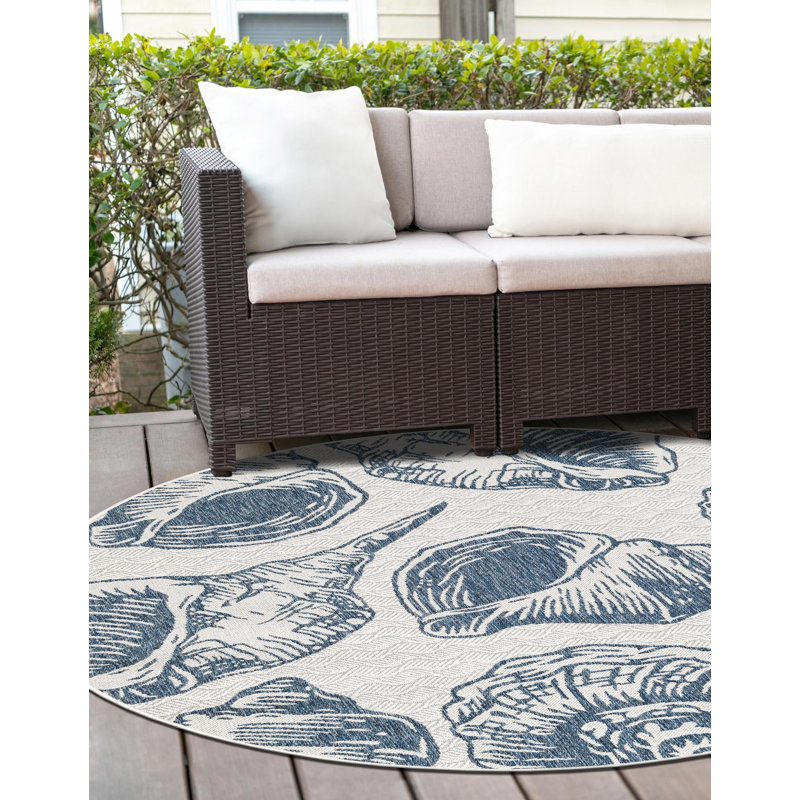 Tapis contemporain de couleur ivoire et bleu marine Avelynn, Rond 6 pi 1 po