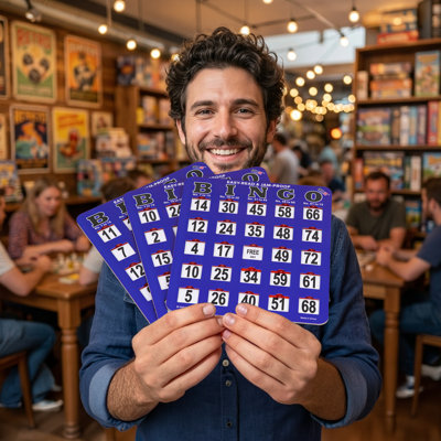 Paquet de 50 cartes de bingo Jumbo Shutter bleues, cartes de bingo à glissière au bout des doigts, carton de bingo à gros caractères facile à lire avec fenêtres coulissantes