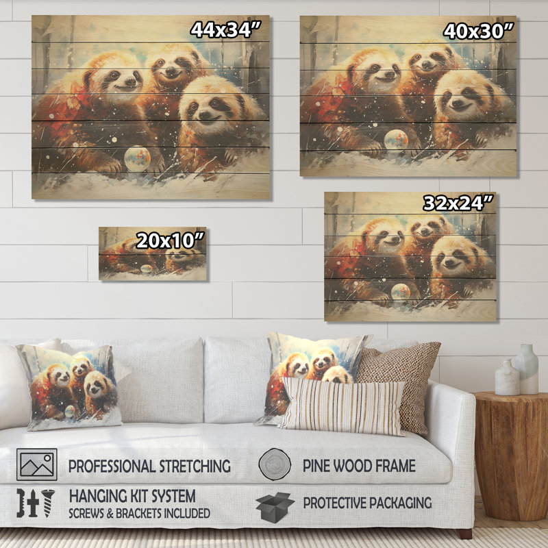 Brown Sloths Winter - paresseux sur bois, H 30 po x l 40 po