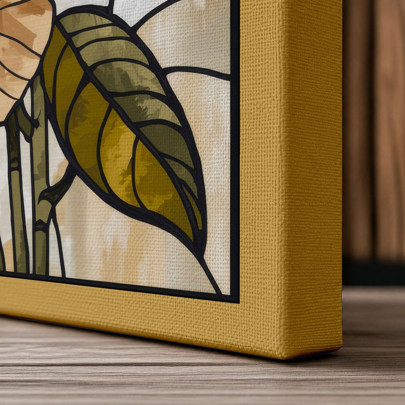 Stained Glass Flowers Botanical - Wrapped Canvas, 36x24 - 91.4 x 61.0 cm, Ochre Border