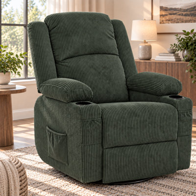 Fauteuil inclinable pivotant à 360° manuel avec massage, chauffage lombaire et port USB, en velours côtelé vert.