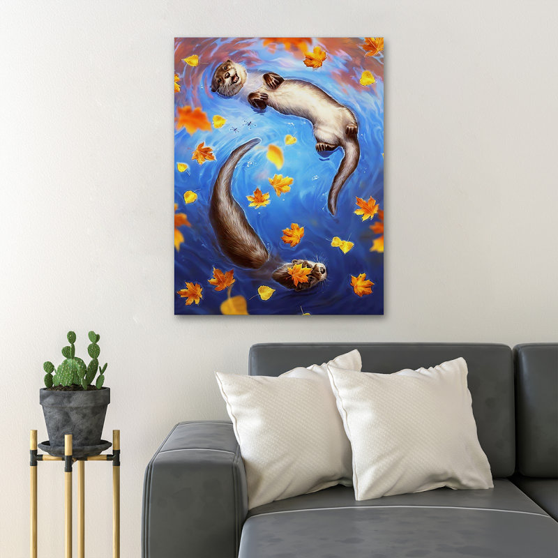 Deux loutres nageant ensemble - peinture sur toile tendue, H 14 po x l 11 po x P 2 po