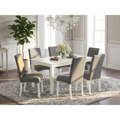 7 Piece Kitchen Table Set Consist of a Rectangle Dining Table and 6 Grey Linen Fabric Parson Dining Room Chairs, 36x60 Inch, Linen White
