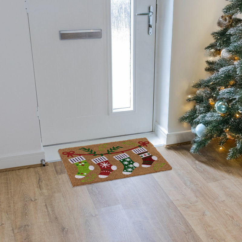 Latex Backed Eco-Friendly Christmas Coir Doormat - Stockings 40x58cm approx.