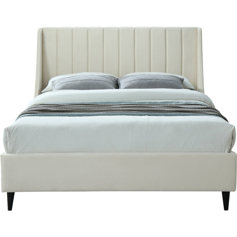 Eva Upholstered Low Profile Platform Bed, Cream Velvet, Full