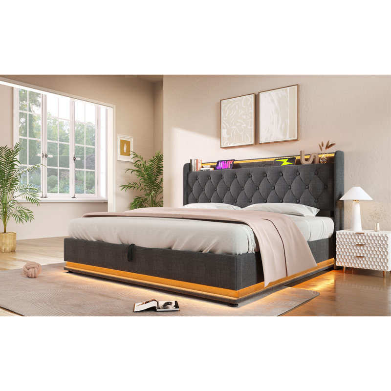 Très grand lit avec 360 DEL innovantes, rangement hydraulique, type C, lin gris, lit rembourré Peaceful Sleep, éclairage à DEL, lin