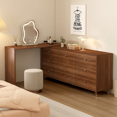 Makeup Vanity Desk with Mirror and Lights, 70-110 inch Extendable Mid Century Walnut Makeup Dresser Combo with 63 Inch 9 Drawer Dresser, L Shaped Vanity Desk and Stool, Brown
