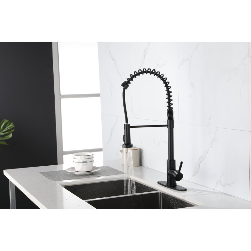 Robinet de cuisine noir mat Spring - Acier inoxydable, douchette extractible, poignée simple pour le contrôle de l'eau, débit facile