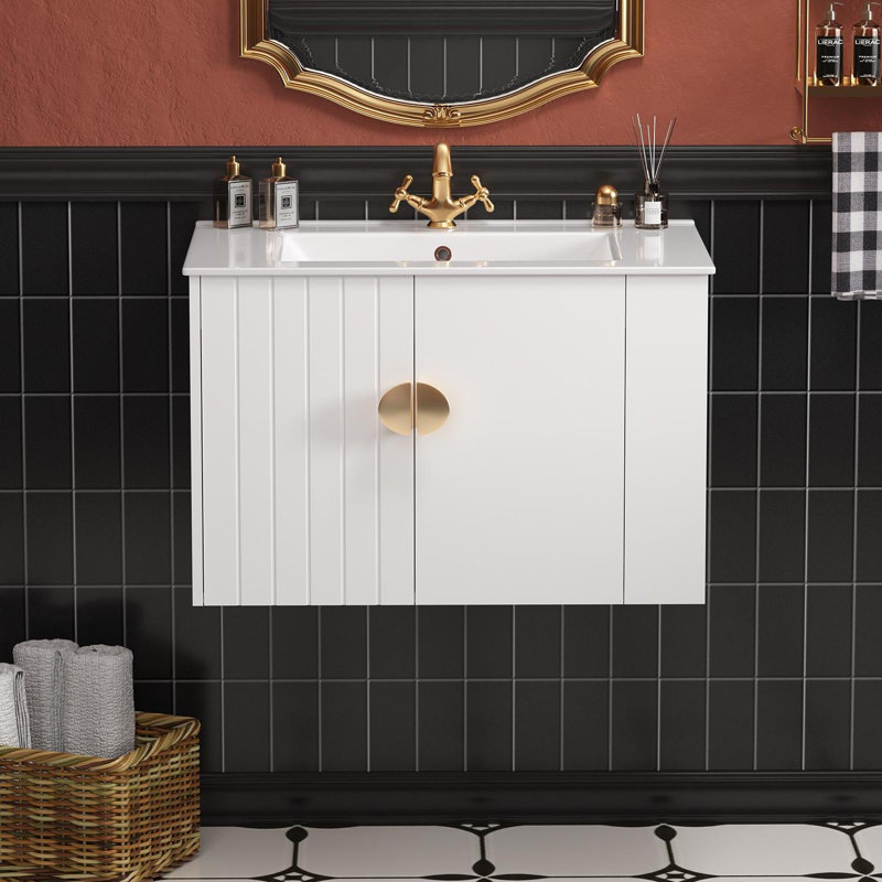 30＂Wall-mounted Single Bathroom Vanity With Ceramic Top-right Side Cabinet, Green