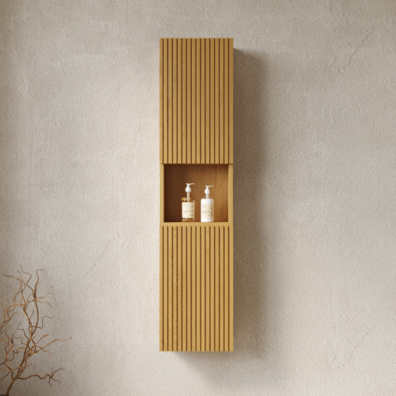 Armoire de 59 po de hauteur pour salle de bain - Fixation murale étroite avec portes et tablettes en grain de chêne Stable Performance