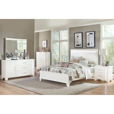 Lit double au design moderne avec tête de lit en similicuir brillant blanc