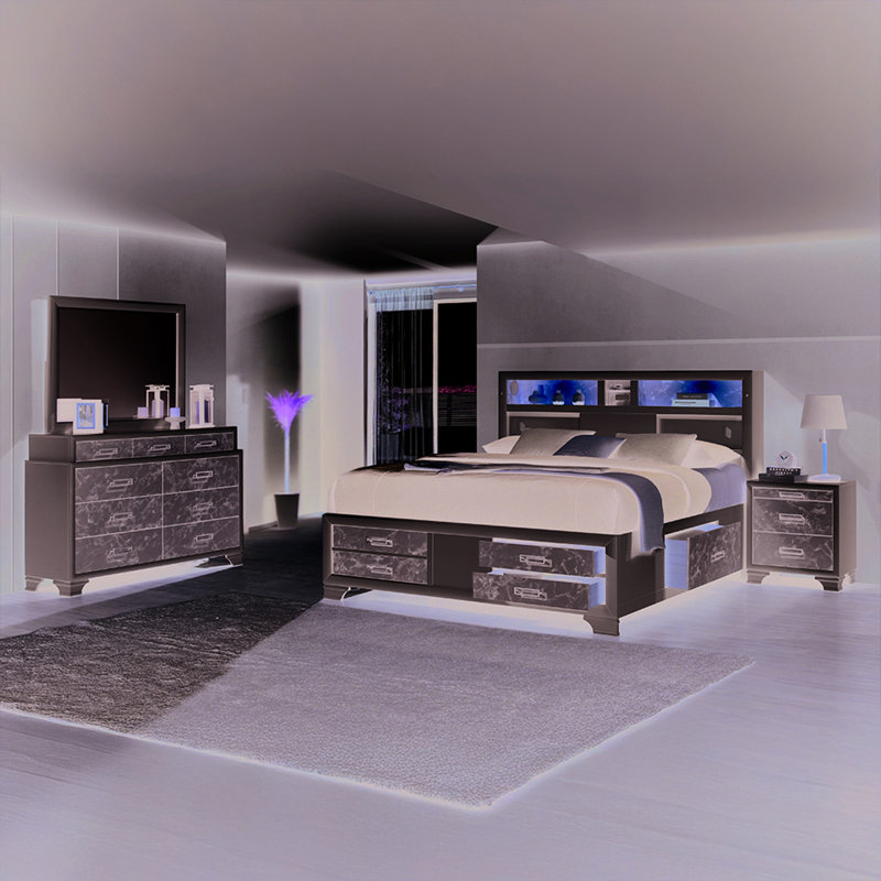 Luxe, lit double, finition en bois blanc, tête de lit en marbre, rangement de tiroir, lit contemporain élégant avec cadre audio avec éclairage, tête de lit, tiroirs de rangement et option technique