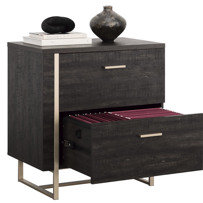 Classeur latéral en noir pour un rangement efficace des documents à la maison ou au bureau, système de tiroir à extension pour accueillir les dossiers de format lettre et légal, structure compacte avec des espaces limités, base en métal avec un