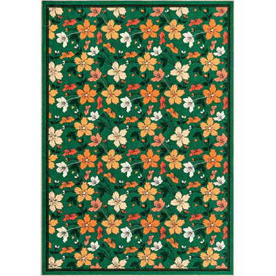 Washable Boho Floral, Non-Slip, Low Pile, Soft Throw Rug for Entryway, Kitchen, Kids Room, Green, Small Machine Washable.