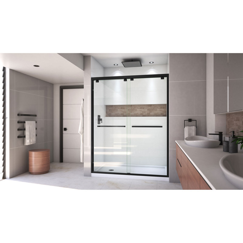 Encore 78.75" H Semi-frameless Sliding Shower Enclosure, Matte Black/White, Left