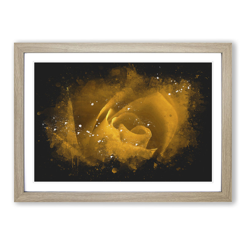 Golden Rose Flower - Picture Frame Graphic Art Print, 24cm H x 33cm W x 2cm D, Oak Framed