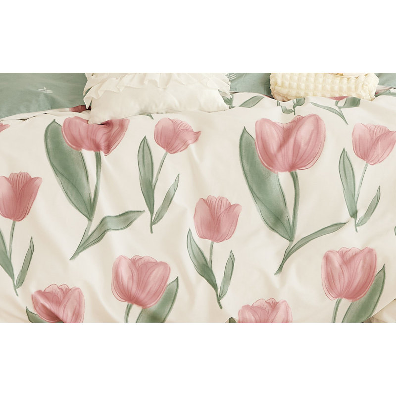 Ensemble d'édredon en coton crème / rose / vert , Grand + 2 taies décoratives standard