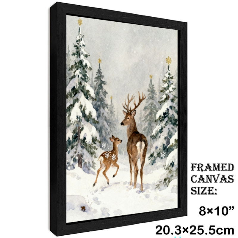 Aquarelle noire encadrée de cerf dans une forêt enneigée, impression sur toile de style rétro, H 11 po x l 9 po