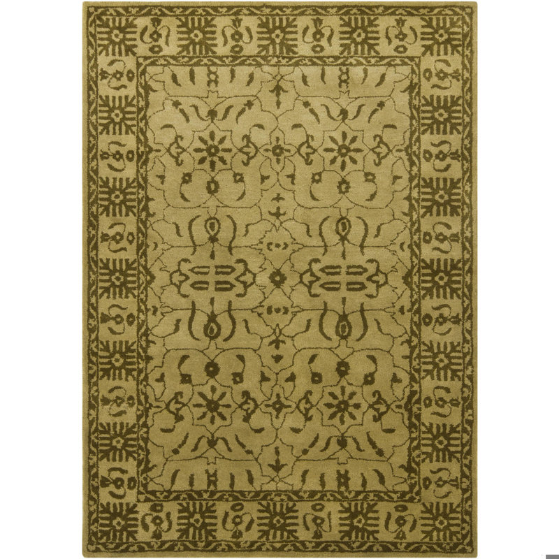 Tapis oriental traditionnel beige et vert en laine touffeté à la main Gupta, Rectangle 7 pi 9 po x 10 pi 6 po