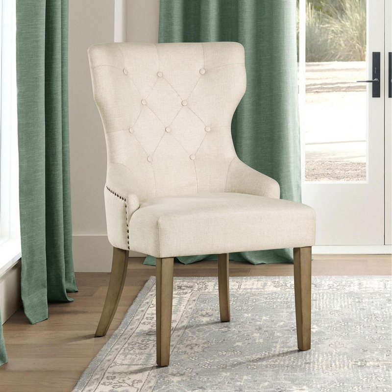 Crisha Upholstered Dining Side Chair, Beige Fabric, Rustic Brown