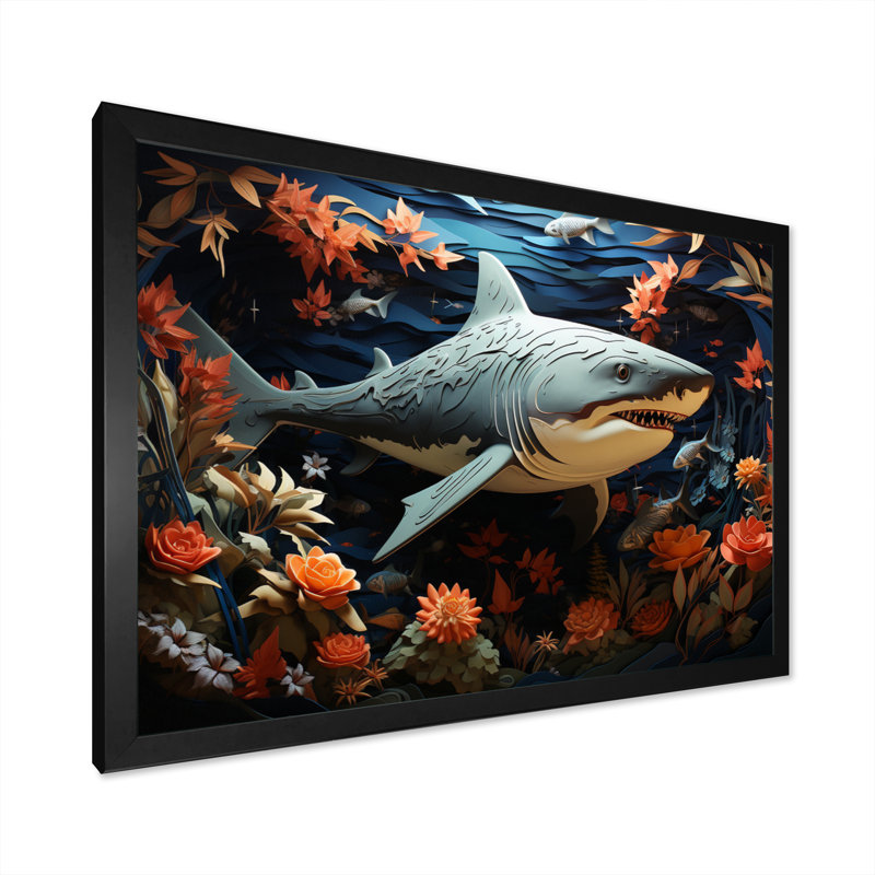" Blue Shark Silent Hunter Papercut ", Black Single Picture Framed, 30" H x 40" W x 1.5" D